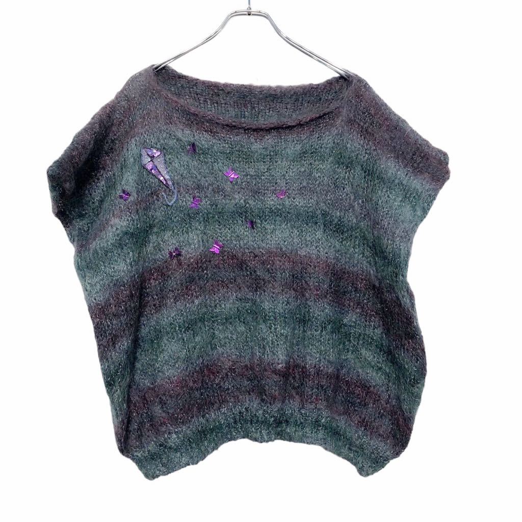 【中古】【古着】 半袖 ニットセーター レディース M～ パープル ブルー スパンコール 蝶 飾り ボーダ..