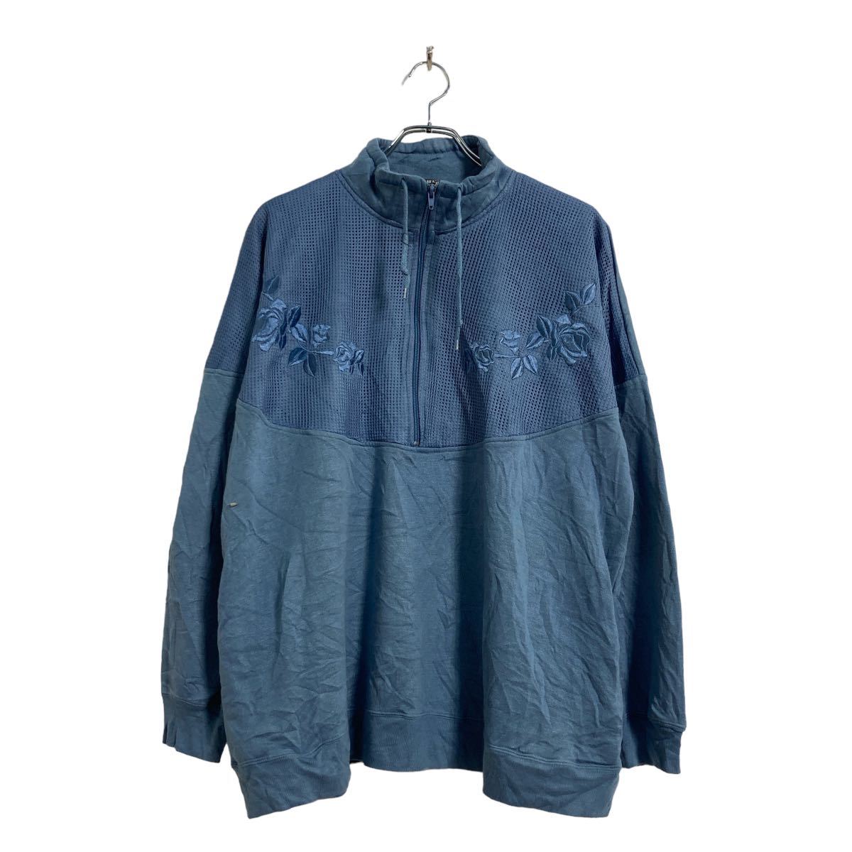 【中古】【古着】 FASHION BUG ロゴ スウェット トレーナー レディース L～ ブルー ハーフジップ プルオーバー 花 刺繍 古着卸 アメリカ仕入 a601-5785