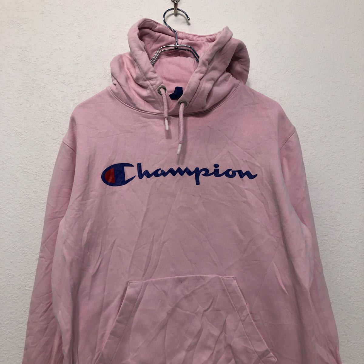 【中古】【古着】 Champion プリント スウェット パーカー L ピンク ブルー レッド チャンピオン ロゴ 古着卸 アメリカ仕入 a601-6287