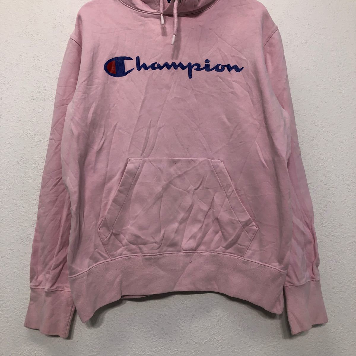 【中古】【古着】 Champion プリント スウェット パーカー L ピンク ブルー レッド チャンピオン ロゴ 古着卸 アメリカ仕入 a601-6287
