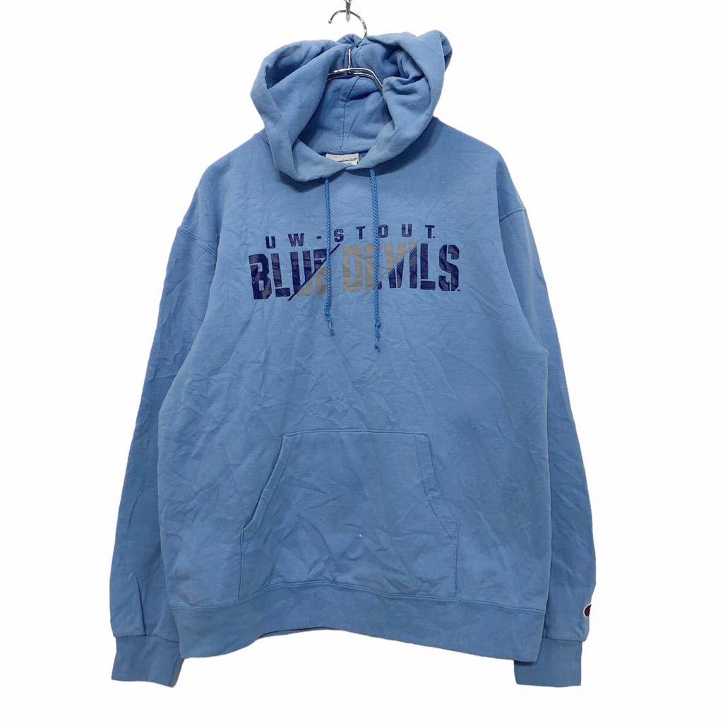 【中古】【古着】 Champion プリント スウェット パーカー M ライトブルー ブルー ライトグレー チャンピオン BLUE DEVILS 古着卸 アメリカ仕入 a601-6473