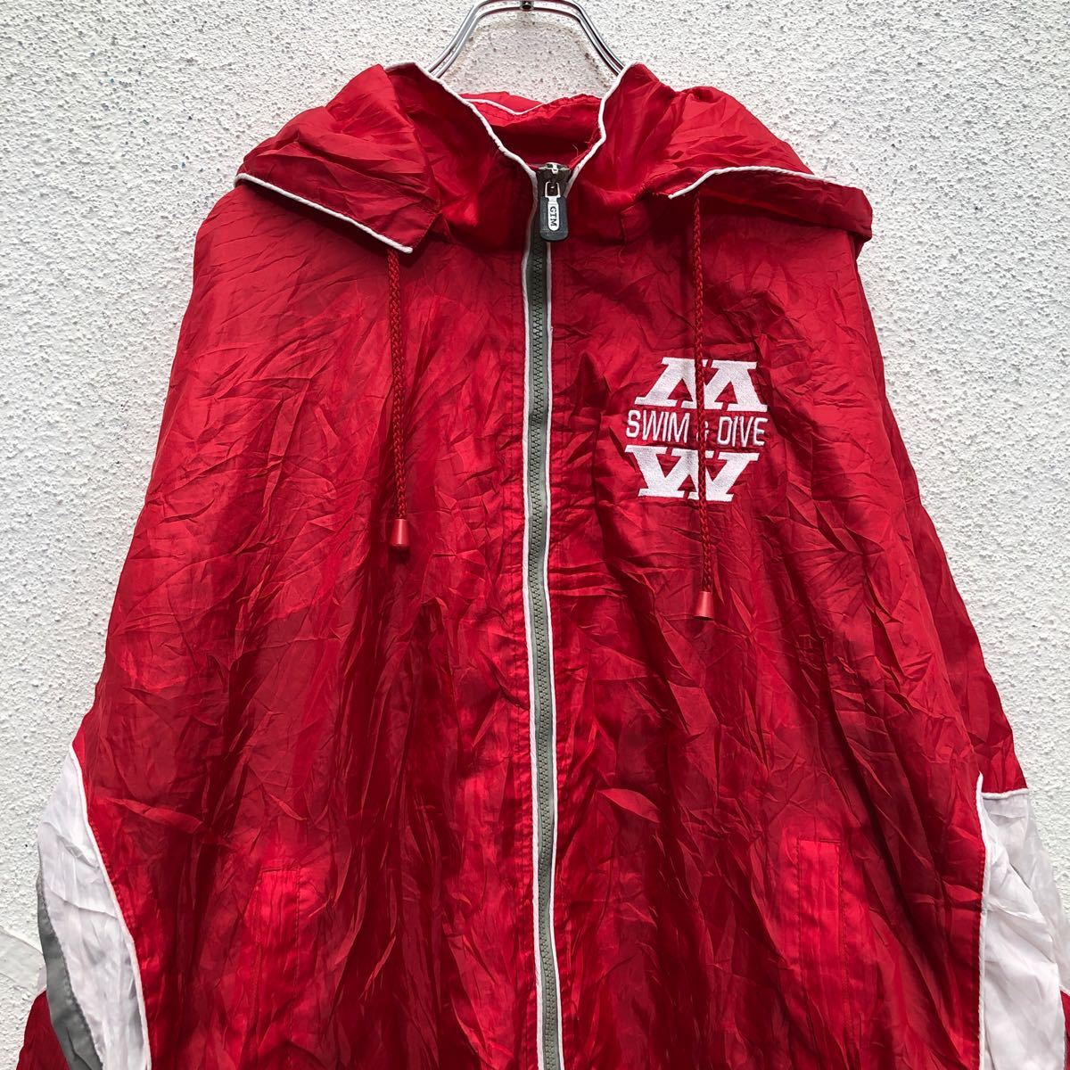 【中古】【古着】 GTM ナイロン ジャケット XL レッド ホワイト ジップアップ ロゴ ポケット 古着卸 アメリカ仕入 a601-6480