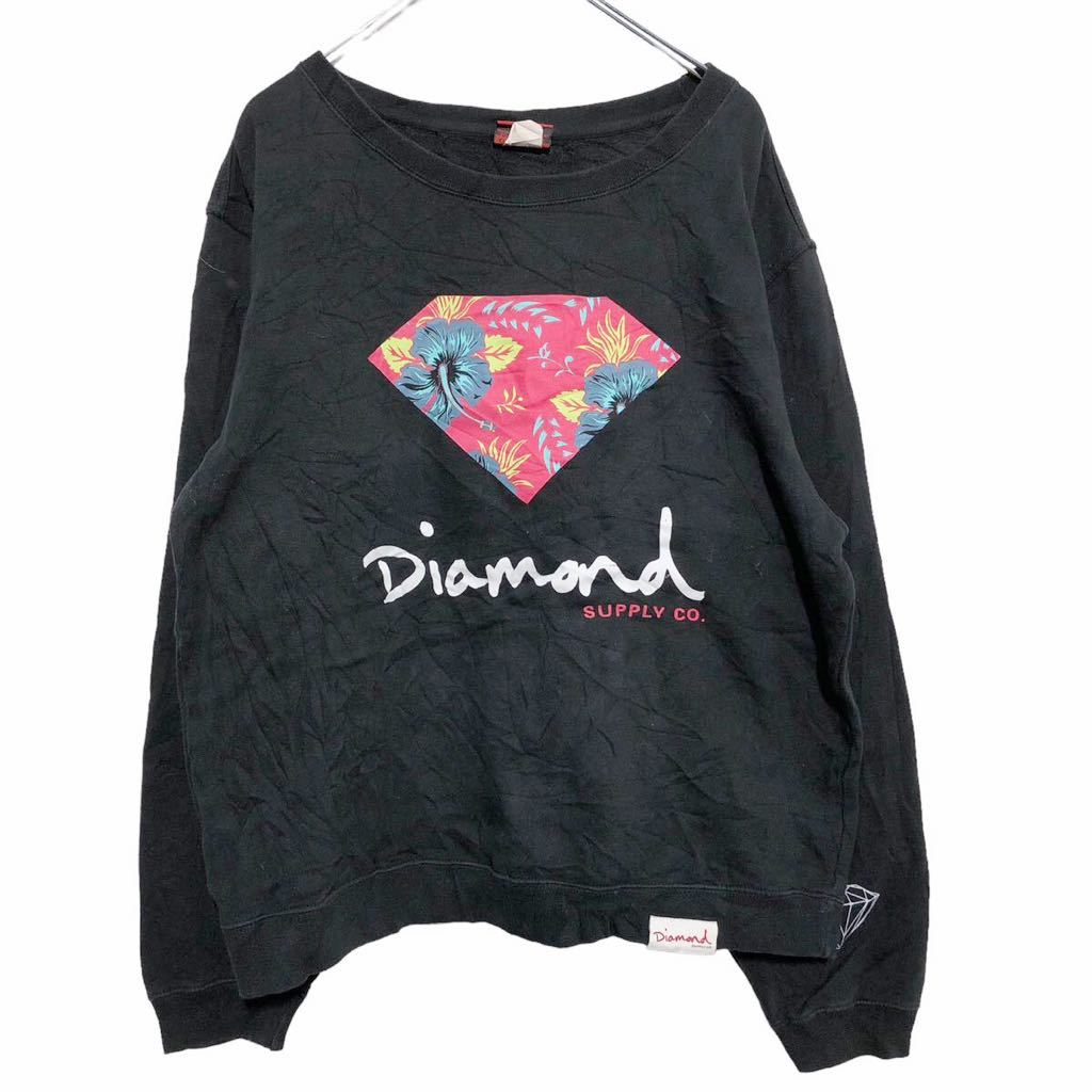【中古】【古着】 Diamond プリント スウェット トレーナー L ブラック ピンク ブルー グリーン ハイビスカス 裏起毛 古着卸 アメリカ仕入 a601-6495