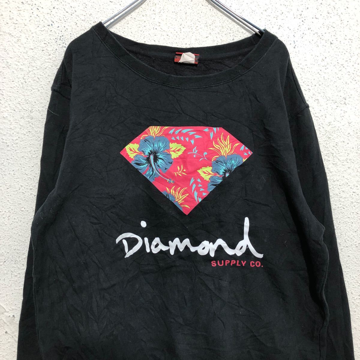 【中古】【古着】 Diamond プリント スウェット トレーナー L ブラック ピンク ブルー グリーン ハイビスカス 裏起毛 古着卸 アメリカ仕入 a601-6495