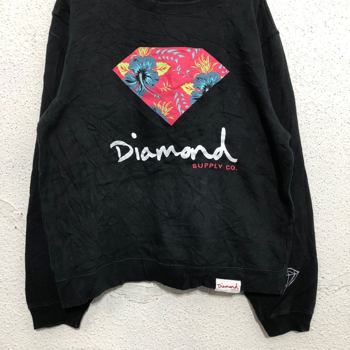 【中古】【古着】 Diamond プリント スウェット トレーナー L ブラック ピンク ブルー グリーン ハイビスカス 裏起毛 古着卸 アメリカ仕入 a601-6495