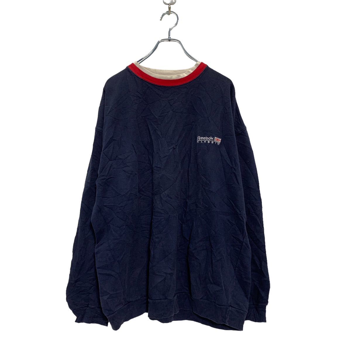 【中古】【古着】 Reebok ロゴ スウェット トレーナー 2XL ビッグサイズ ネイビー リーボック レイヤードネック 裏起毛 刺繍 古着卸 アメリカ仕入 a601-6719