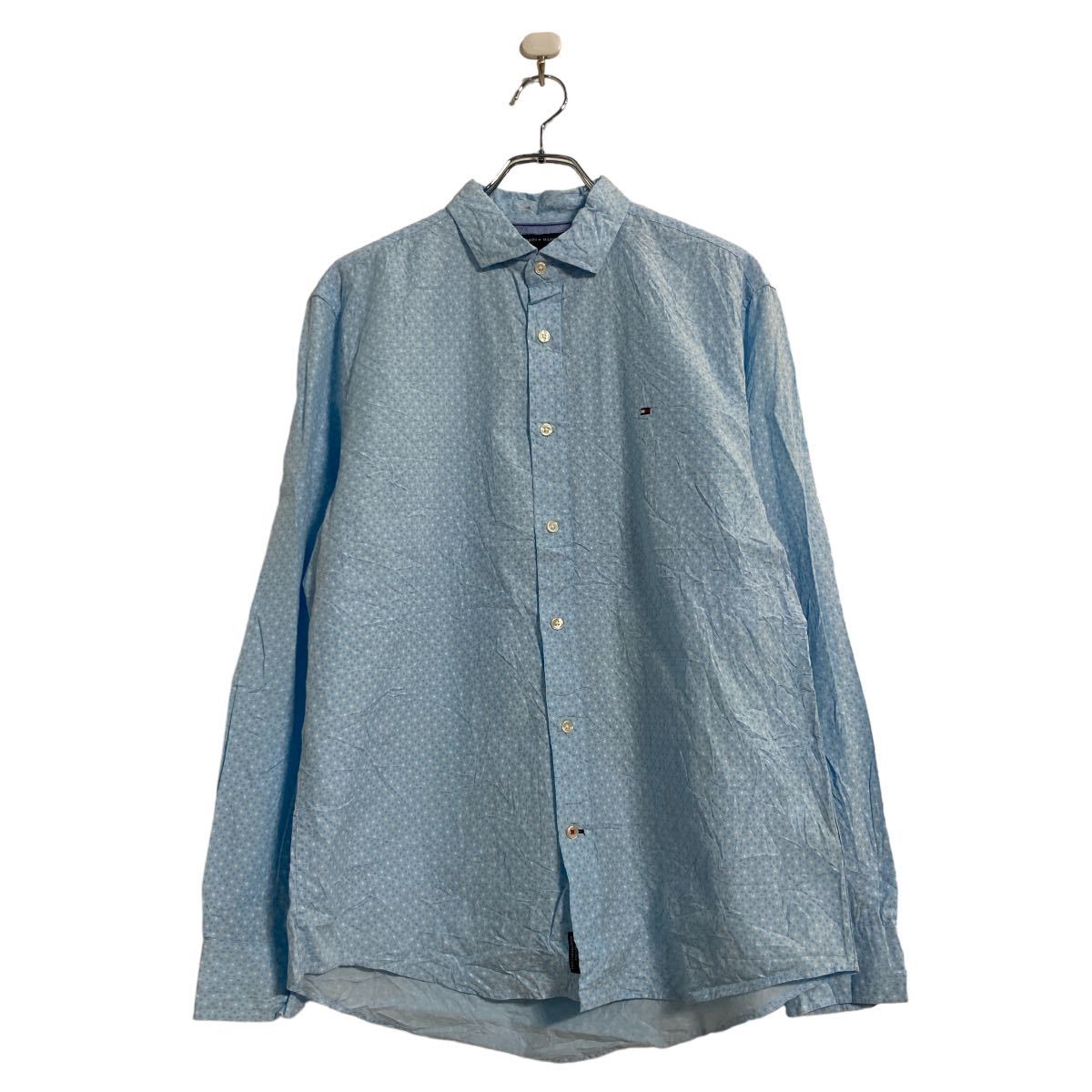 【中古】【古着】 TOMMY HILFIGER 長袖 柄シャツ L ライトブルー トミーヒルフィガー 総柄 古着卸 アメリカ仕入 a602-5035