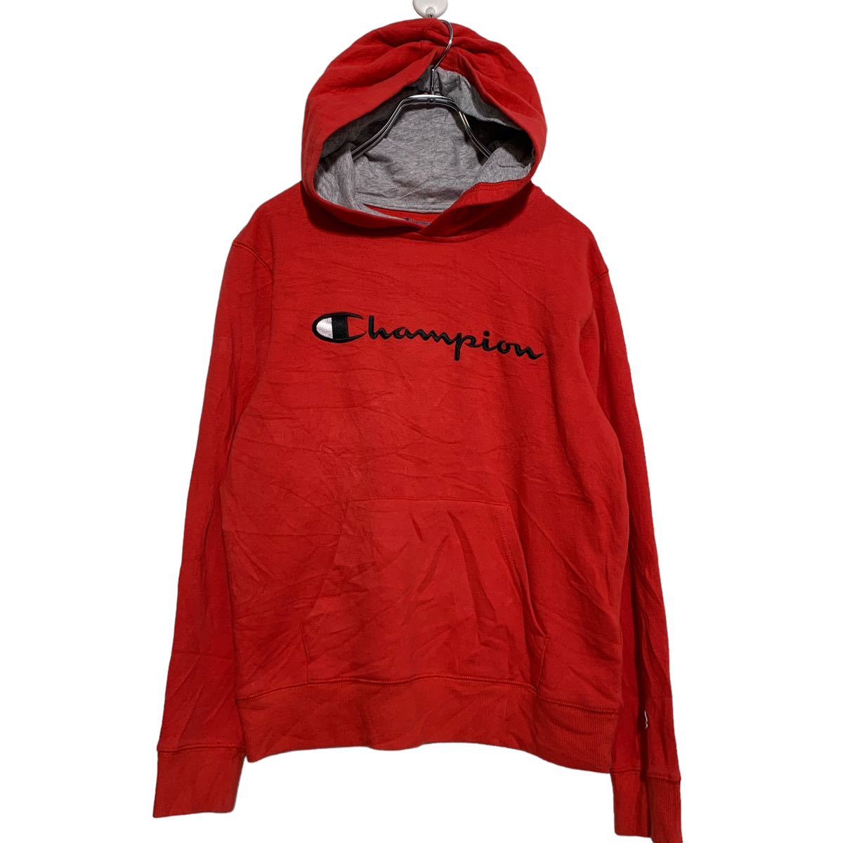 【中古】【古着】 Champion ロゴ スウェット パーカー L レディース レッド チャンピオン プルオーバー 裏起毛 ポケット 刺繍 古着卸 アメリカ仕入 a602-5159