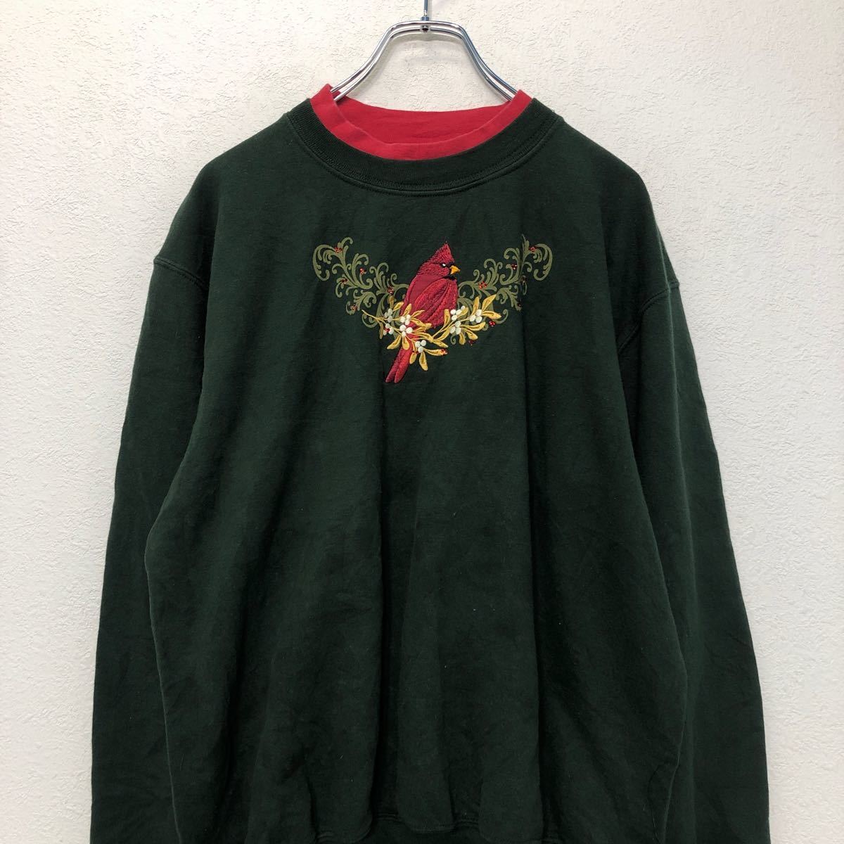 【中古】【古着】 TOP STITCH ロゴ スウェット トレーナー L レディース モスグリーン レイヤードネック 裏起毛 鳥 刺繍 古着卸 アメリカ仕入 a602-5330
