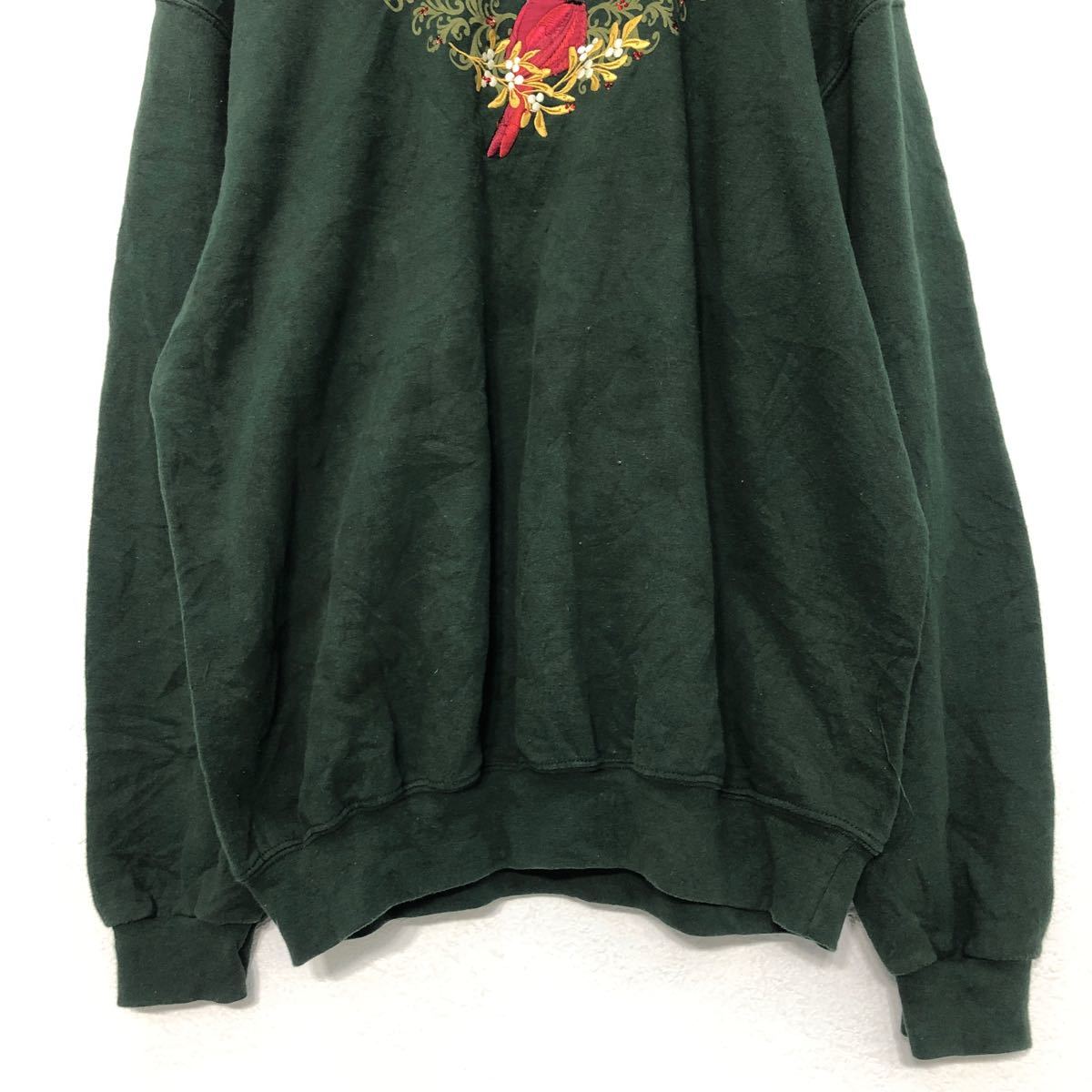 【中古】【古着】 TOP STITCH ロゴ スウェット トレーナー L レディース モスグリーン レイヤードネック 裏起毛 鳥 刺繍 古着卸 アメリカ仕入 a602-5330