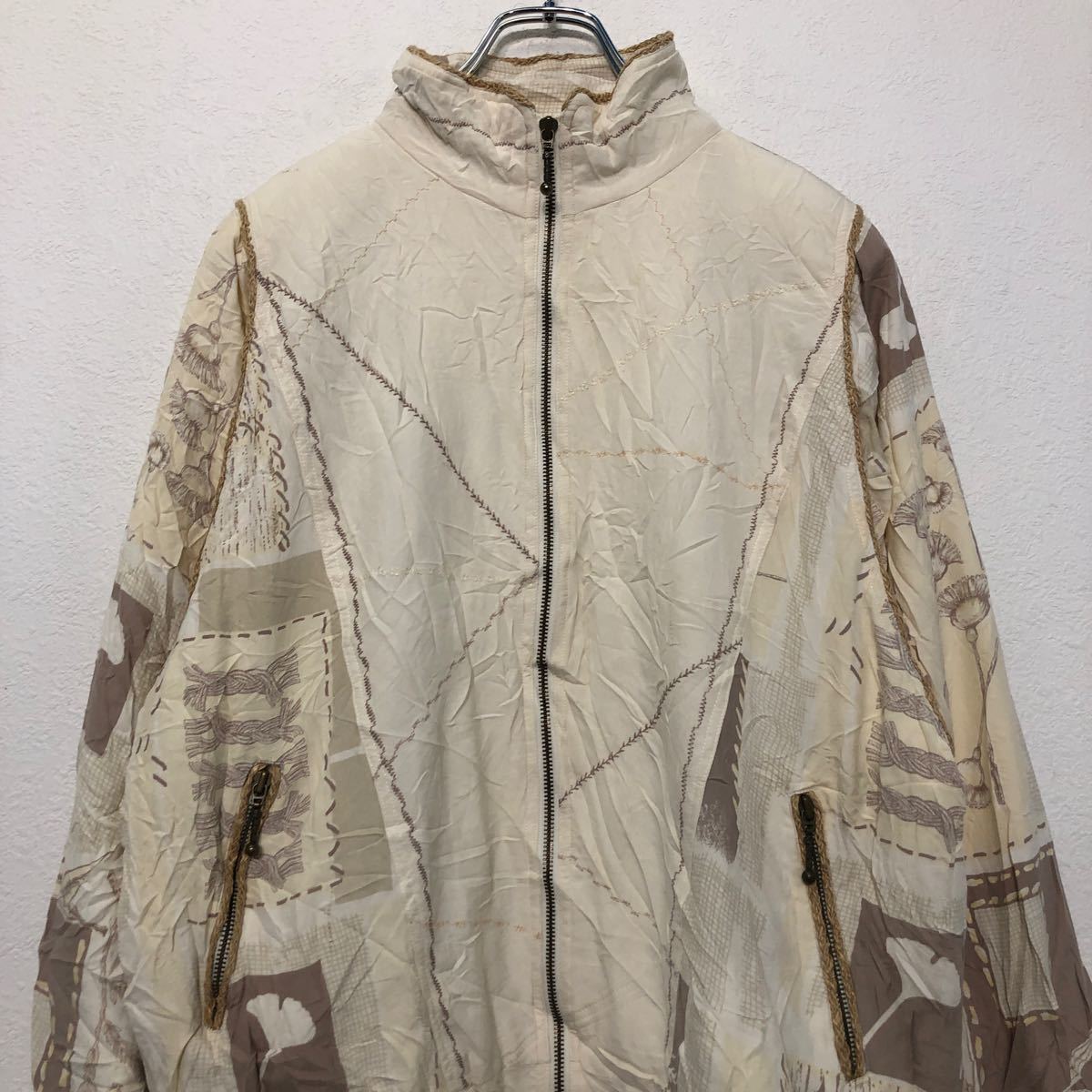 【中古】【古着】 Clipper Bay ジップアップ シルクジャケット L アイボリー ブラウン ウォッシャブルシルク ブルゾン 花 古着卸 アメリカ仕入 a602-5495