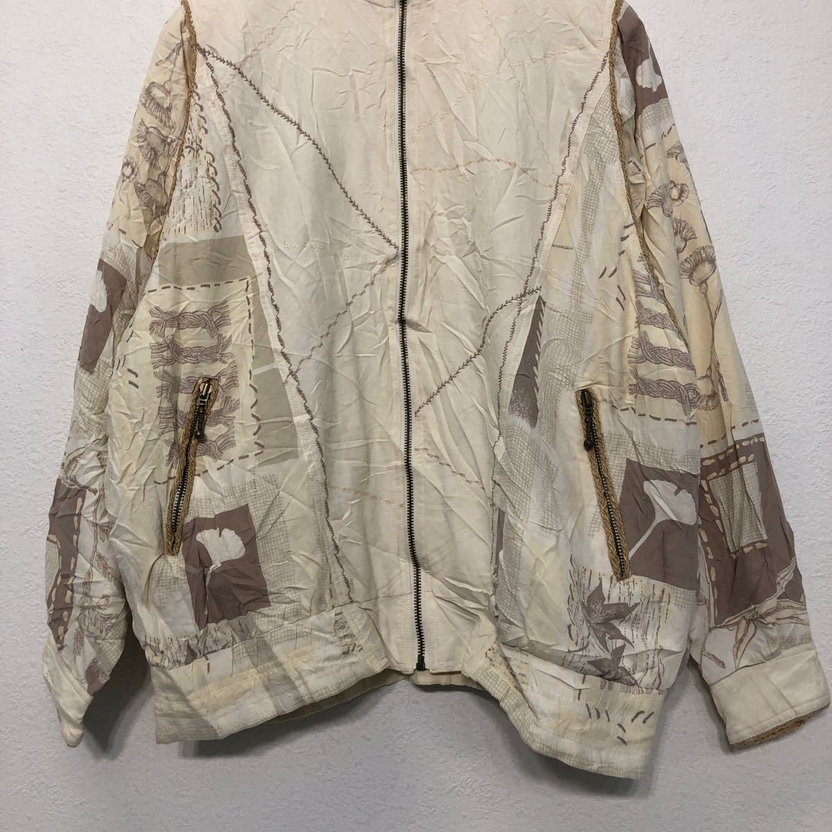 【中古】【古着】 Clipper Bay ジップアップ シルクジャケット L アイボリー ブラウン ウォッシャブルシルク ブルゾン 花 古着卸 アメリカ仕入 a602-5495