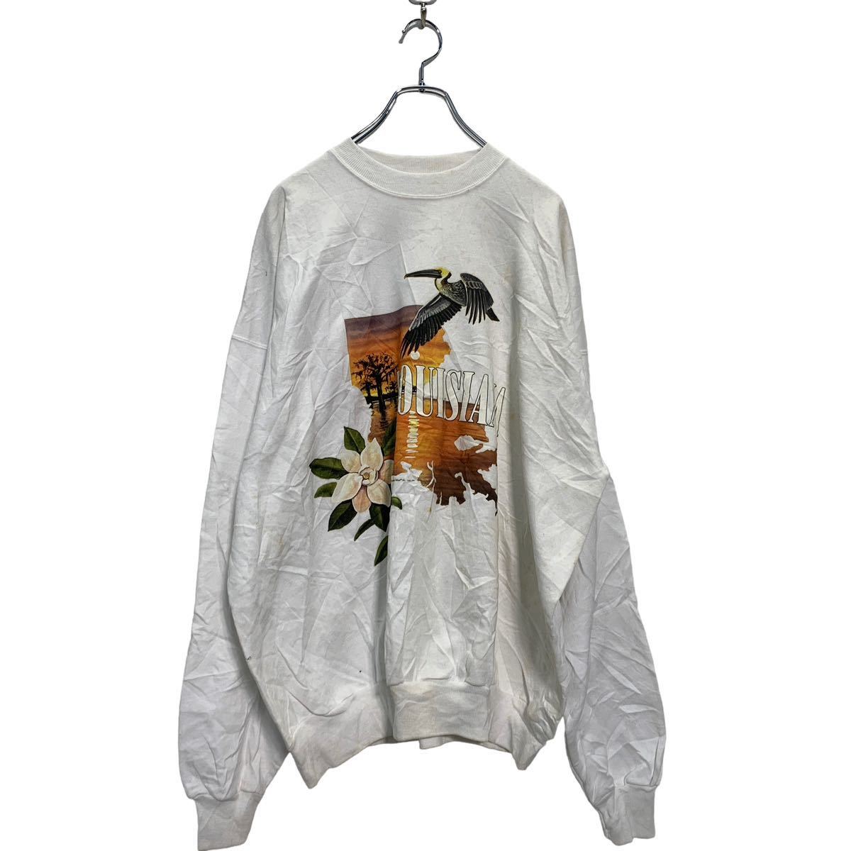 【中古】【古着】 Hanes プリント スウェット トレーナー 2XL ホワイト ヘインズ メキシコ製 ルイジアナ 花 鳥 裏起毛 古着卸 アメリカ仕入 a602-5655