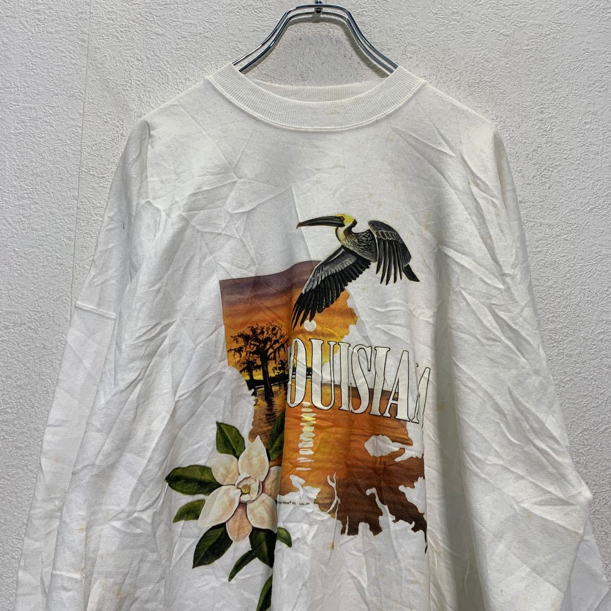 【中古】【古着】 Hanes プリント スウェット トレーナー 2XL ホワイト ヘインズ メキシコ製 ルイジアナ 花 鳥 裏起毛 古着卸 アメリカ仕入 a602-5655