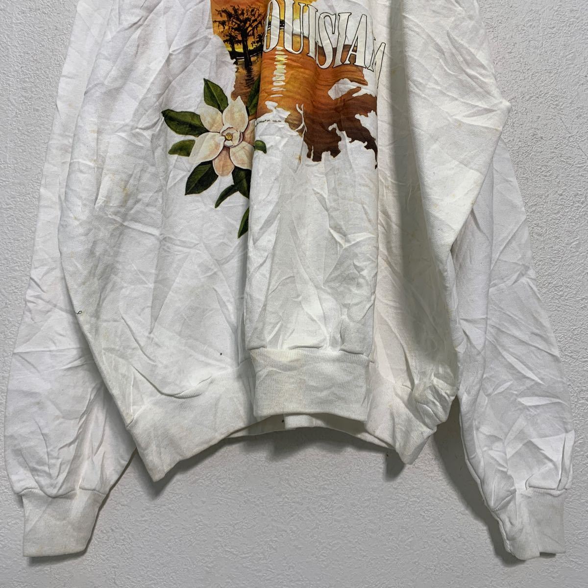 【中古】【古着】 Hanes プリント スウェット トレーナー 2XL ホワイト ヘインズ メキシコ製 ルイジアナ 花 鳥 裏起毛 古着卸 アメリカ仕入 a602-5655