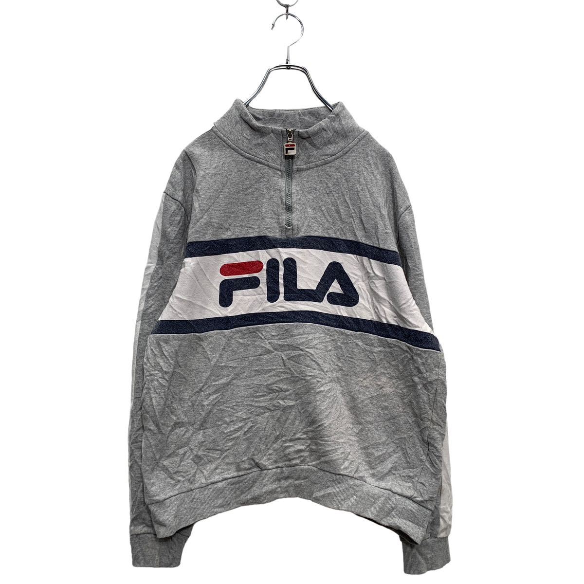 【中古】【古着】 FILA ハーフジップ プリント スウェット トレーナー L グレー ホワイト フィラ 切替 ..