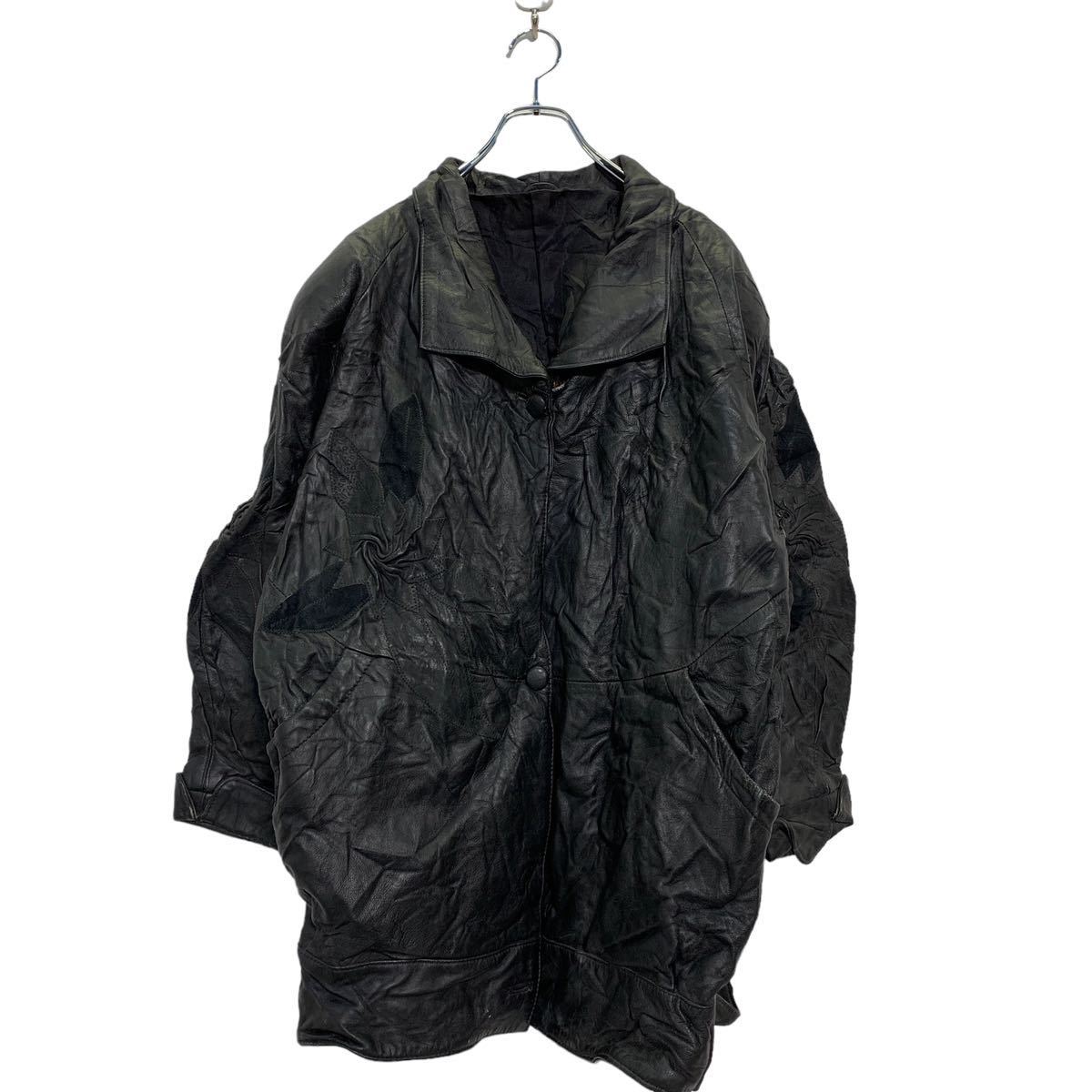 【中古】【古着】 レザーコート 44 XL~ レディース ブラック ハーフコート レザージャケット 花デザイン 古着卸 アメリカ仕入 a602-5963