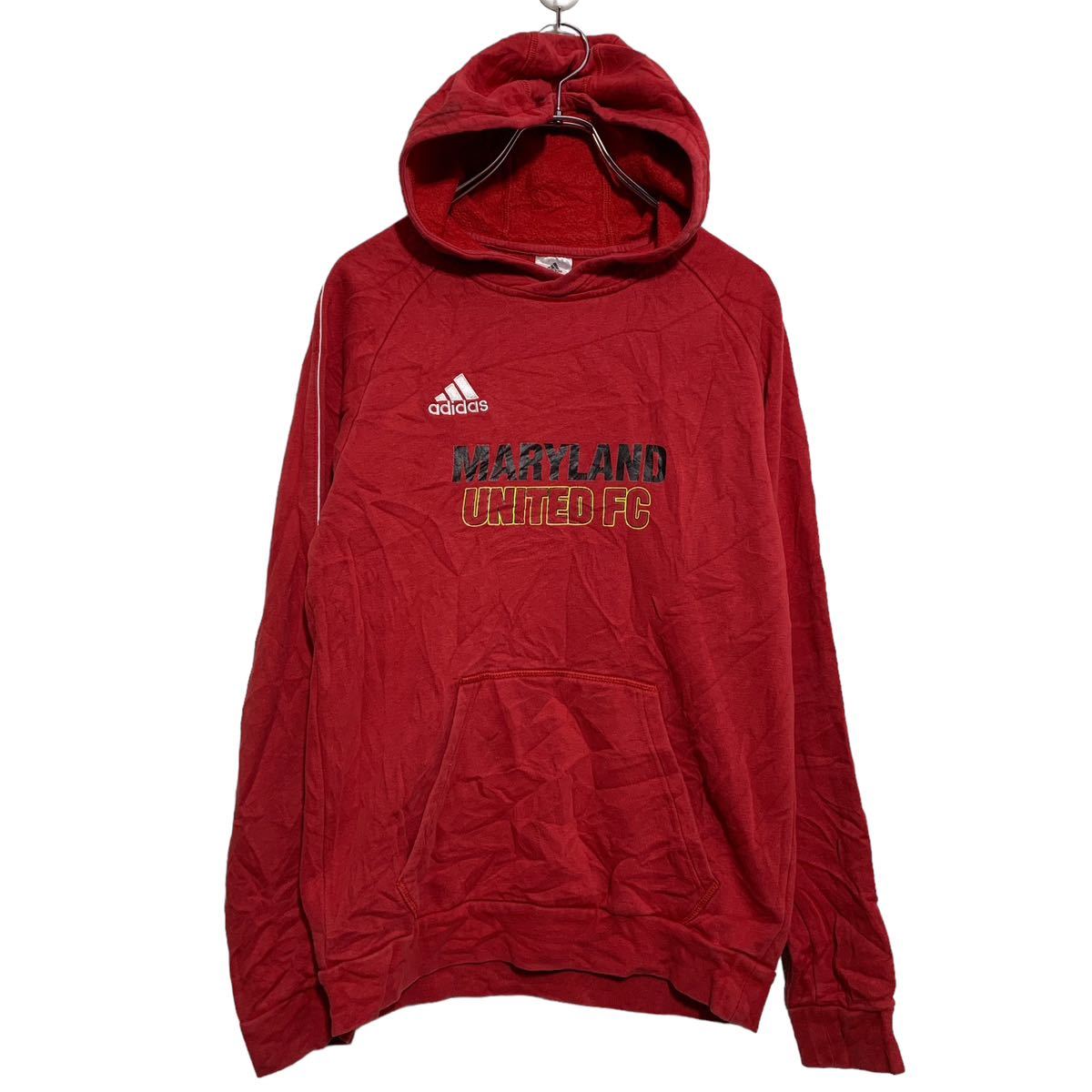 【中古】【古着】 adidas プリント スウェット パーカー S レッド アディダス プルオーバー 裏起毛 ユナイテッドFC サッカー 古着卸 アメリカ仕入 a602-6013
