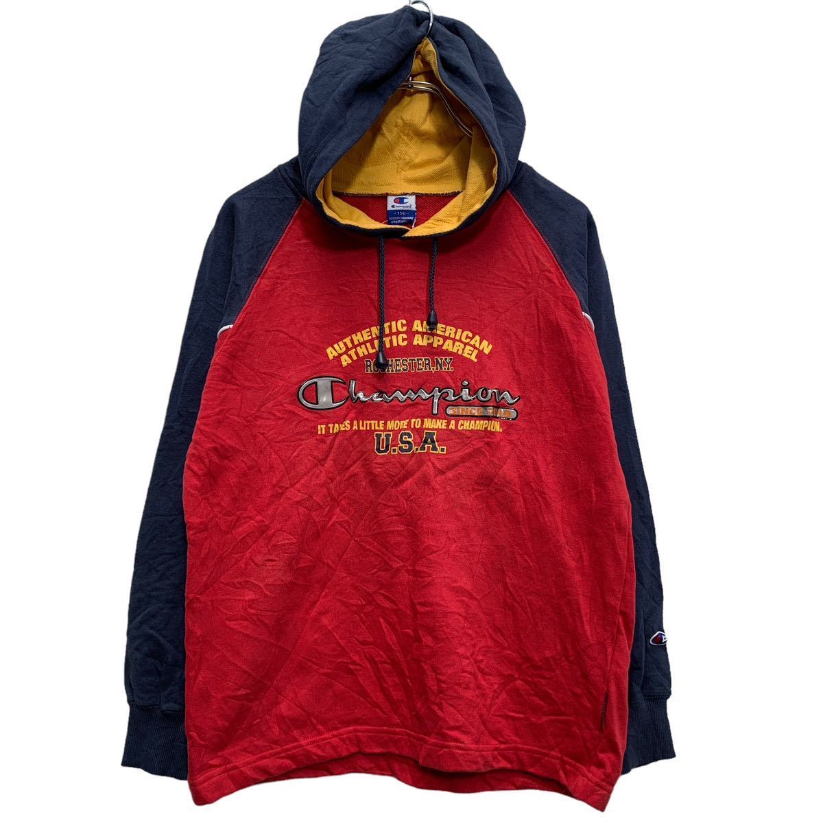 【中古】【古着】 Champion プリント スウェット パーカー 150 キッズ レッド ネイビー イエロー チャンピオン タグ付き ロゴ 古着卸 アメリカ仕入 a602-6357
