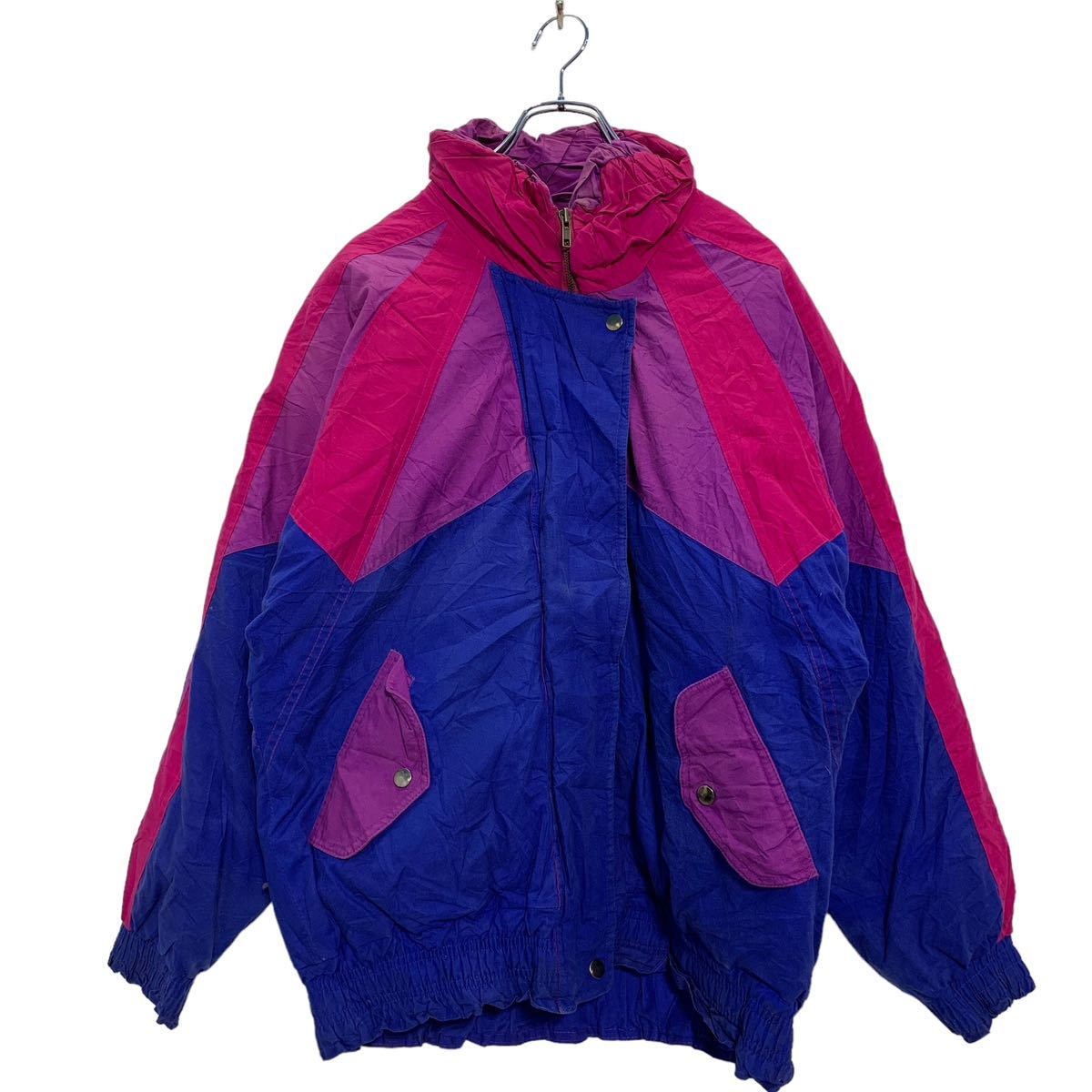 Down Coat - 【中古】【古着】 RICHARDS&JONES コットン ダウンジャケット M ピンク パープル ブルー 切替 ジップアップ レトロ 古着卸 アメリカ仕入 a603-5247