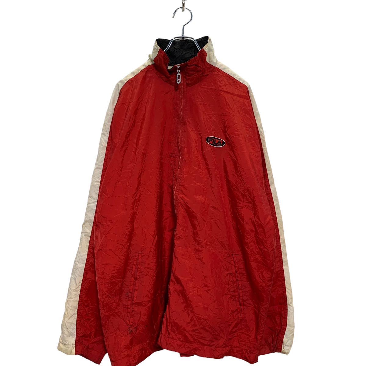 【中古】【古着】 FILA ジップアップ ナイロンジャケット L レッド ホワイト ブラック フィラ ワンポイント ロゴ 古着卸 アメリカ仕入 a603-5261