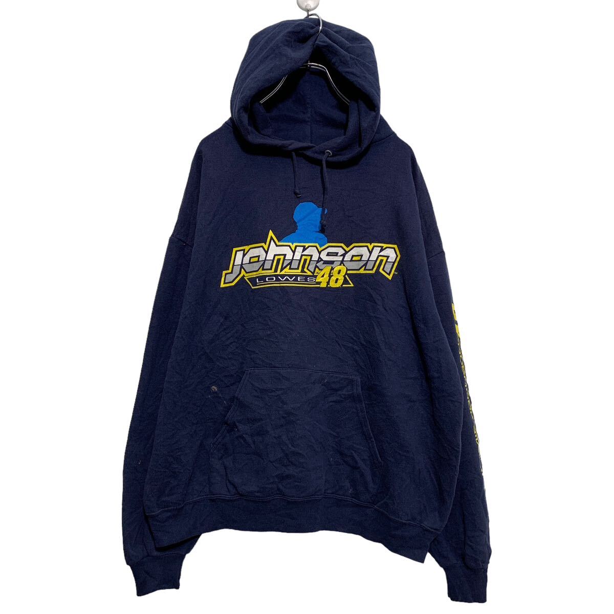 【中古】【古着】 WINNERS CIRCLE プリント スウェット パーカー XL ネイビー ビッグサイズ 裏起毛 プルオーバー 袖プリント 古着卸 アメリカ仕入 a603-5356