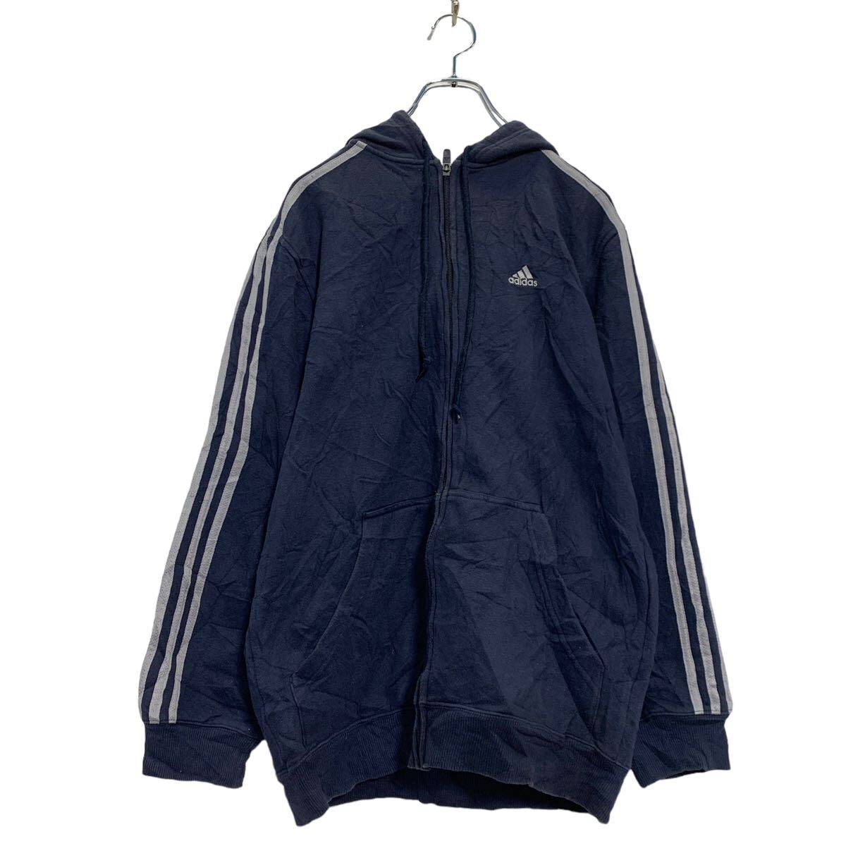 Rakuten - 【中古】【古着】 adidas ジップアップ ロゴ スウェット パーカー S ネイビー グレー アディダス 裏起毛 古着卸 アメリカ仕入 a603-5559
