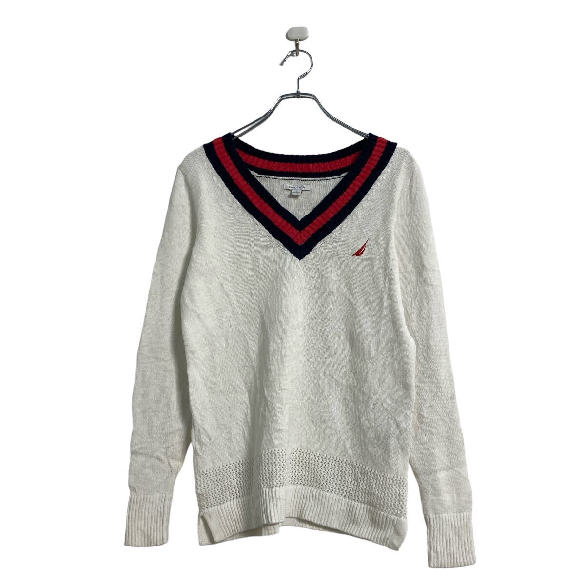 【中古】【古着】 NAUTICA コットン ニット セーター S ホワイト ネイビー レッド ノーティカ Vネック 古着卸 アメリカ仕入 a603-5785