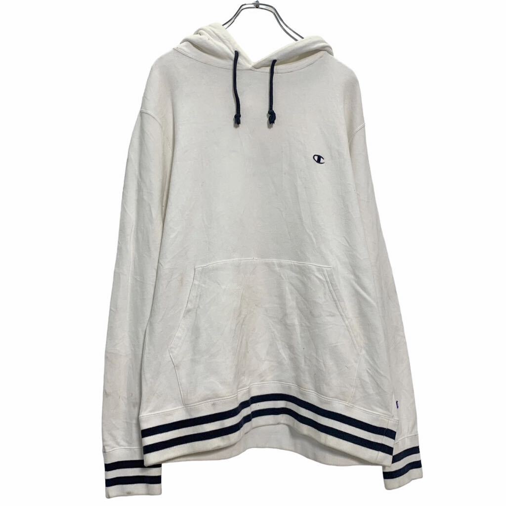 【中古】【古着】 Champion ロゴ スウェット パーカー XL ホワイト ネイビー チャンピオン ビッグサイズ 古着卸 アメリカ仕入 a603-5839