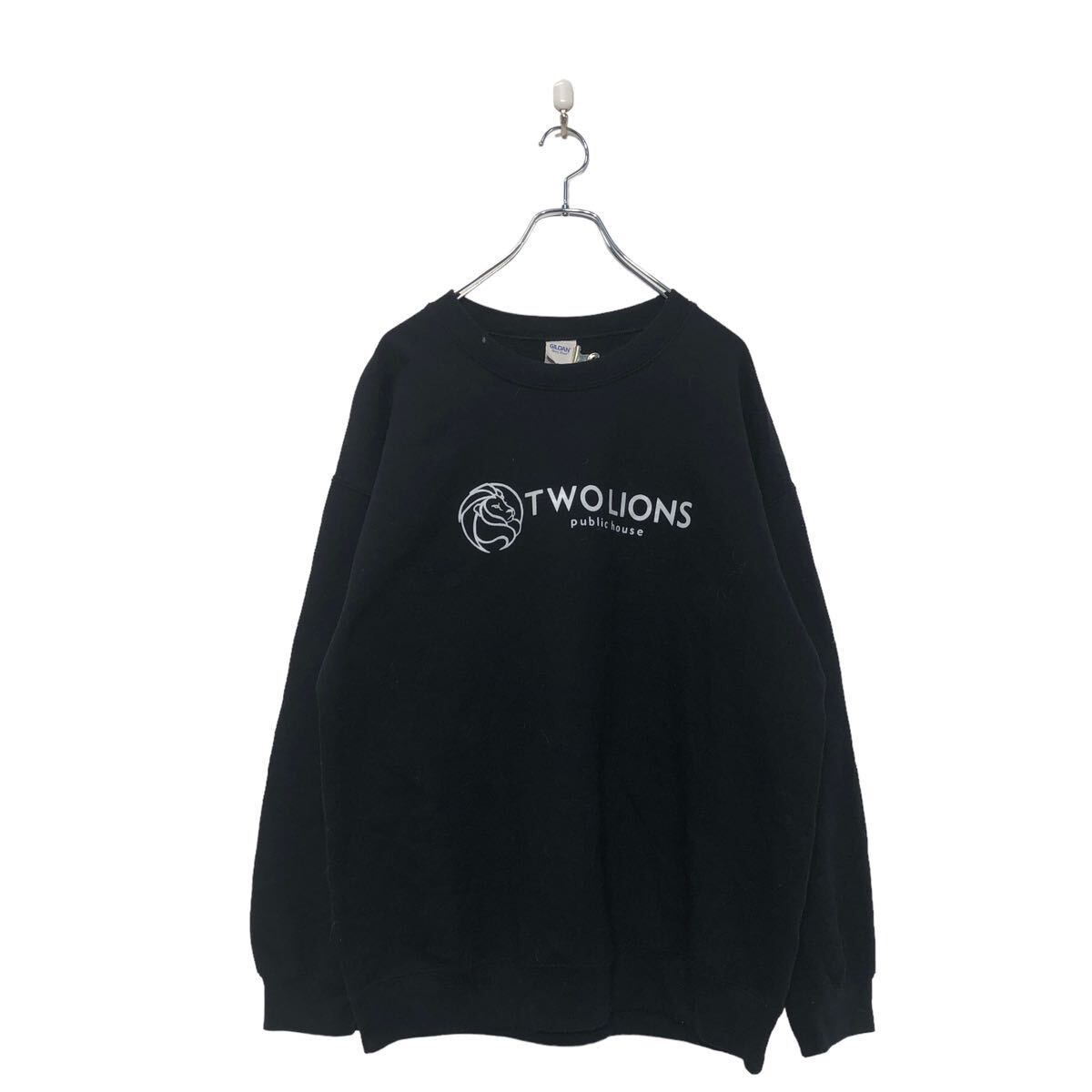 【中古】【古着】 GILDAN プリント スウェット トレーナー L ギルダン ブラック ホワイト 裏起毛 バックプリント 古着卸 アメリカ仕入 a603-6106(4)