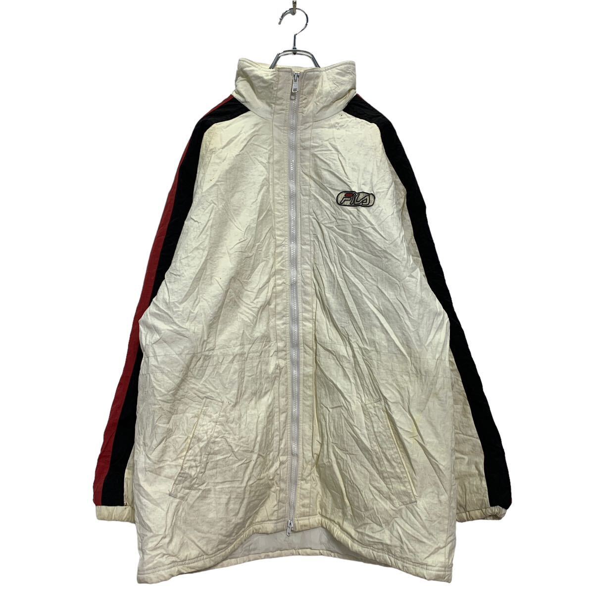Nylon Jackets - 【中古】【古着】 FILA 中綿 ジップアップ ナイロンジャケット L オフホワイト ブラック レッド フィラ ロゴ 袖ライン 古着卸 アメリカ仕入 a603-6113