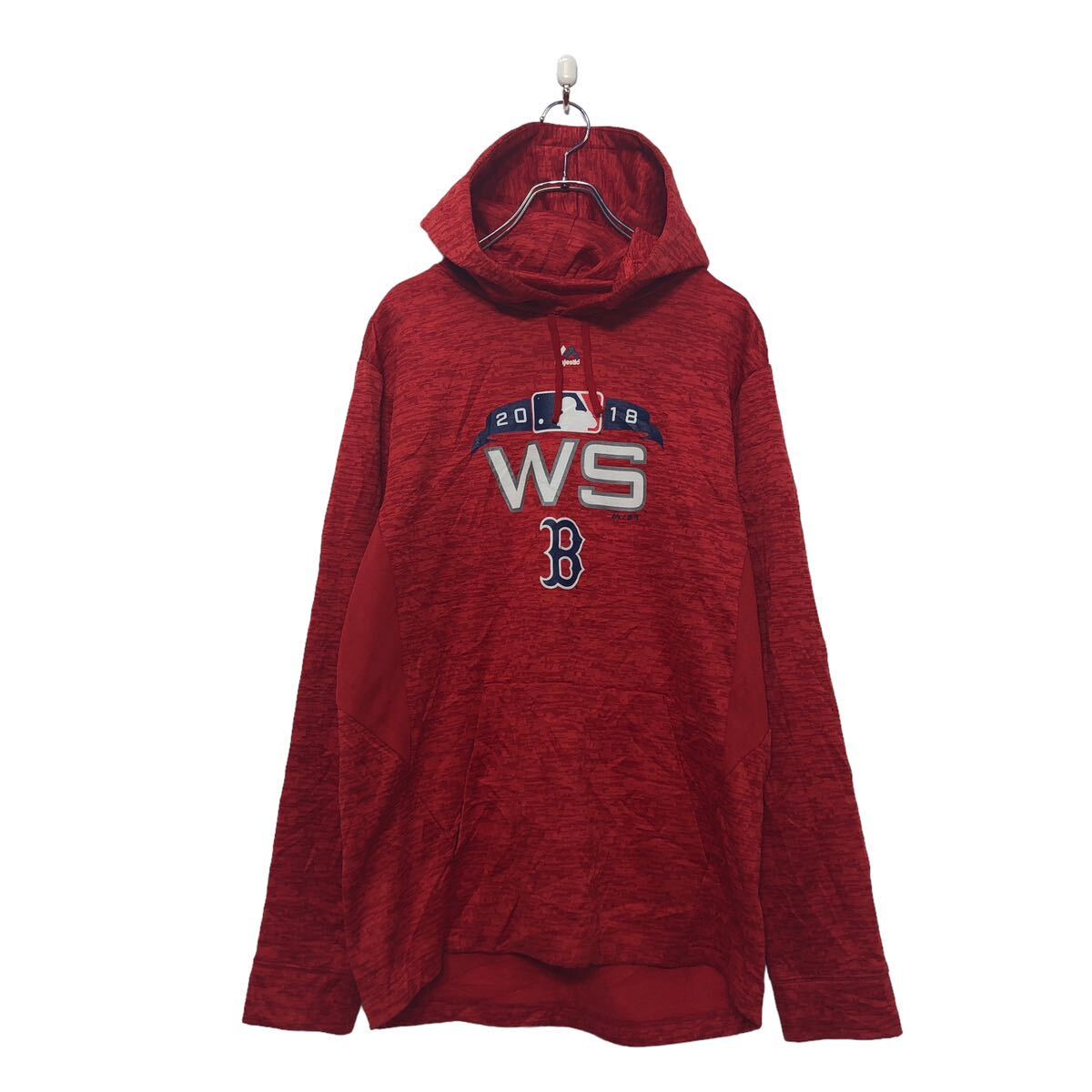 【中古】【古着】 MLB プリント スウェット パーカー M エムエルビー レッド ホワイト 野球 裏起毛 スポーツ ポケット 古着卸 アメリカ仕入 a603-6424(4)