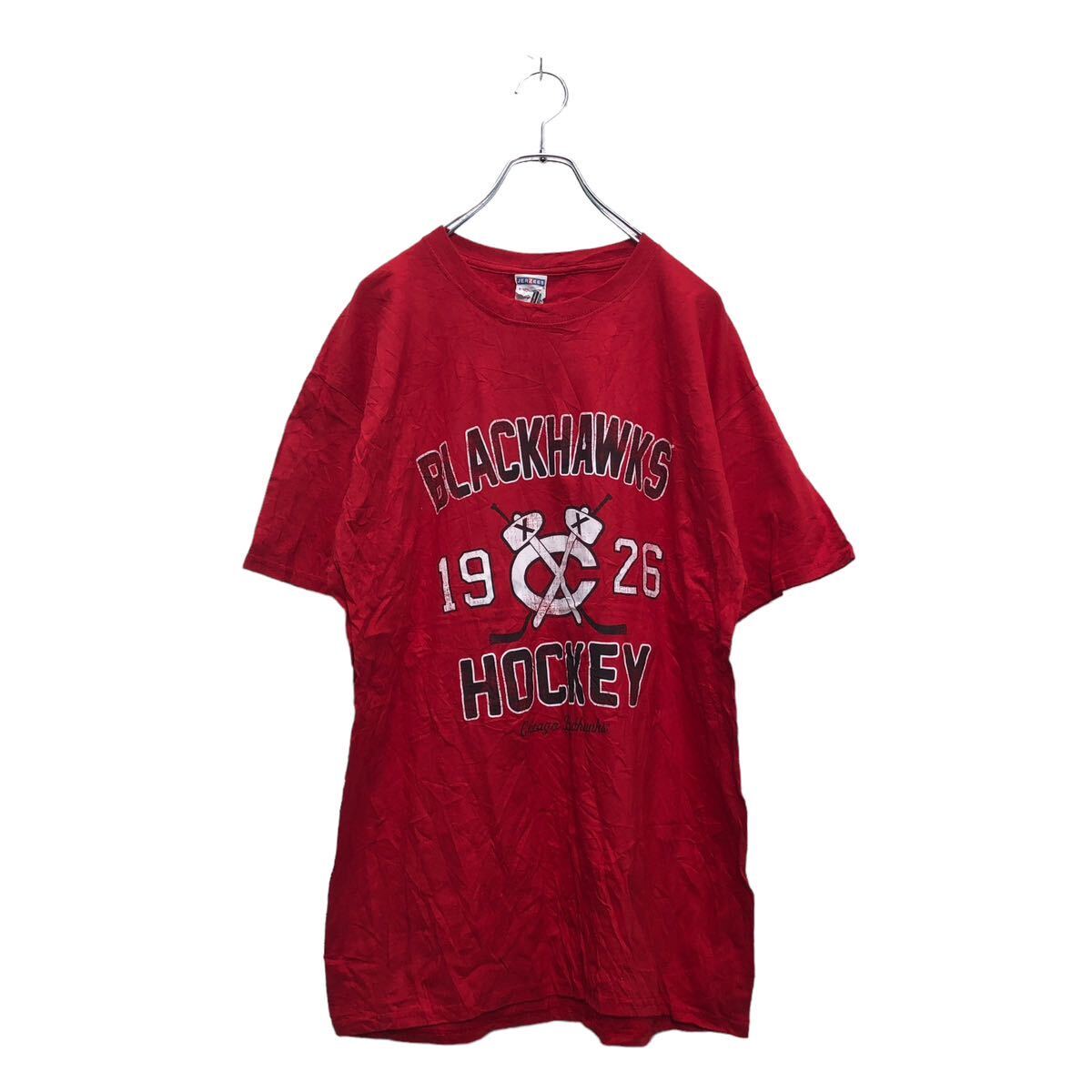 【中古】【古着】 JERZEES 半袖 プリント Tシャツ L ジャージーズ レッド ブラック NHL ホッケー 古着卸 アメリカ仕入 a603-6706