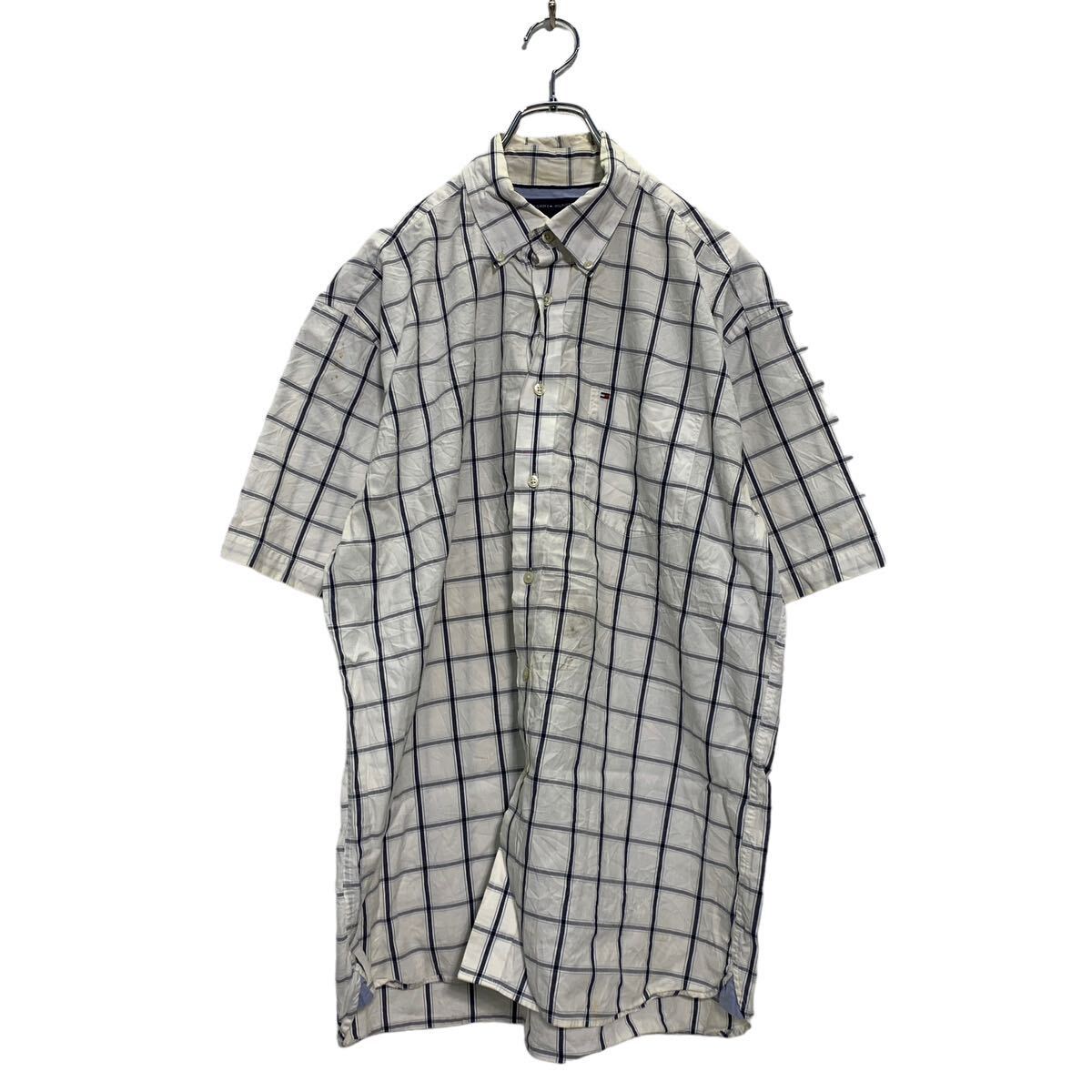 【中古】【古着】 TOMMY HILFIGER 半袖 チェックシャツ L ホワイト ブラック トミーヒルフィガー ボタンダウン ロゴ 古着卸 アメリカ仕..