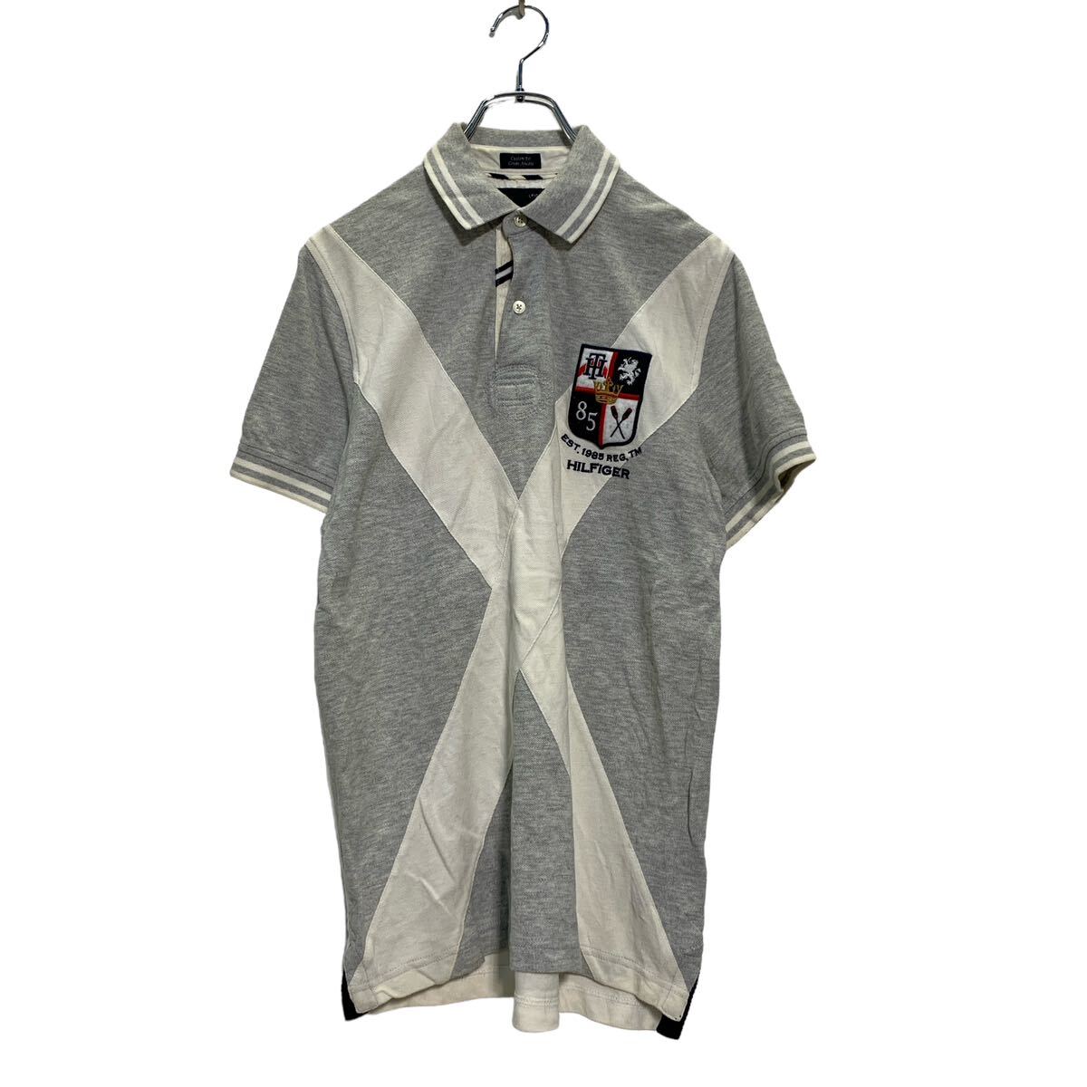 【中古】【古着】 TOMMY HILFIGER 半袖 ポロシャツ S グレー オフホワイト トミーヒルフィガー 切替 ワッペン 袖ロゴ 古着卸 アメリカ仕入 a604-5637