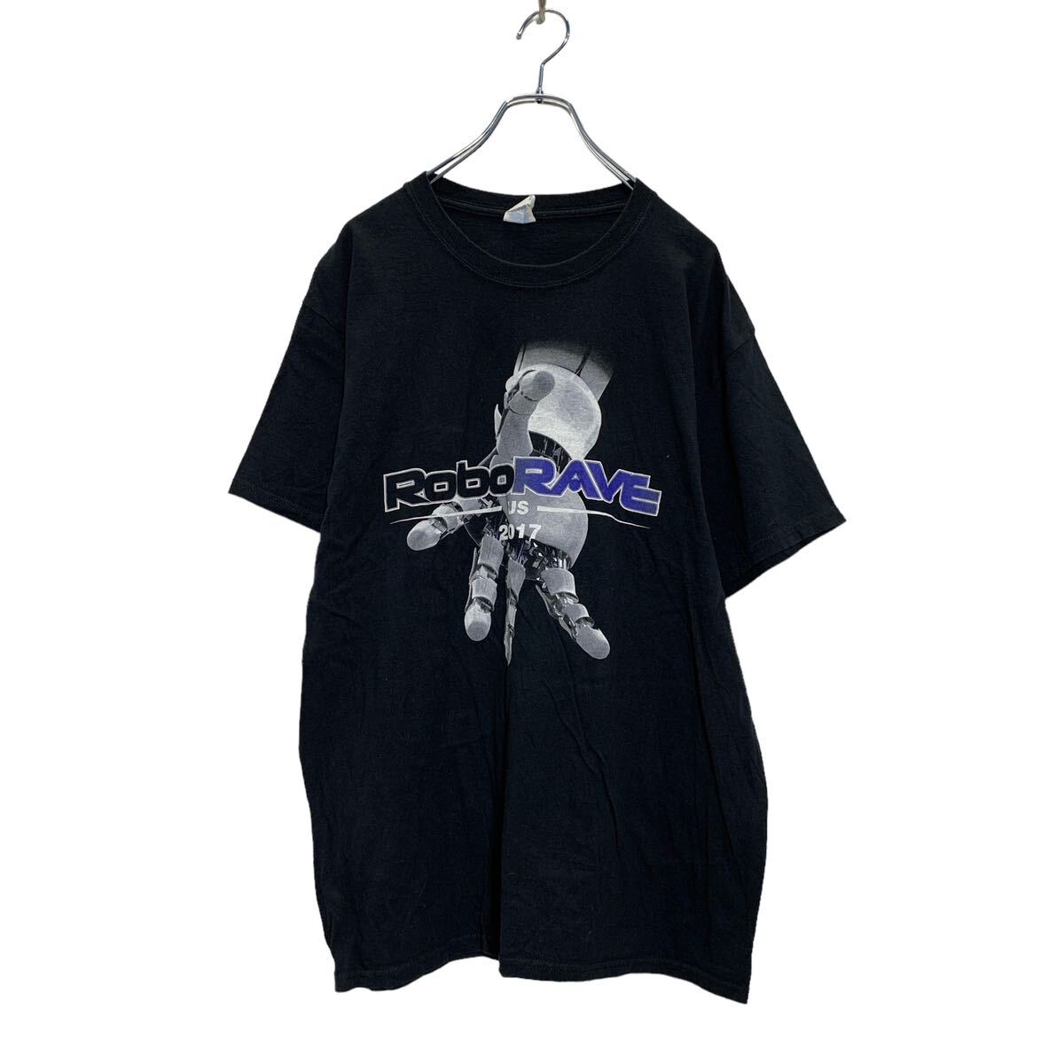 【中古】【古着】 PORT&COMPANY 半袖 プリントTシャツ L ブラック ロボット RoboRAVE 2017 バックプリント 古着卸 アメリカ仕入 a604-5708