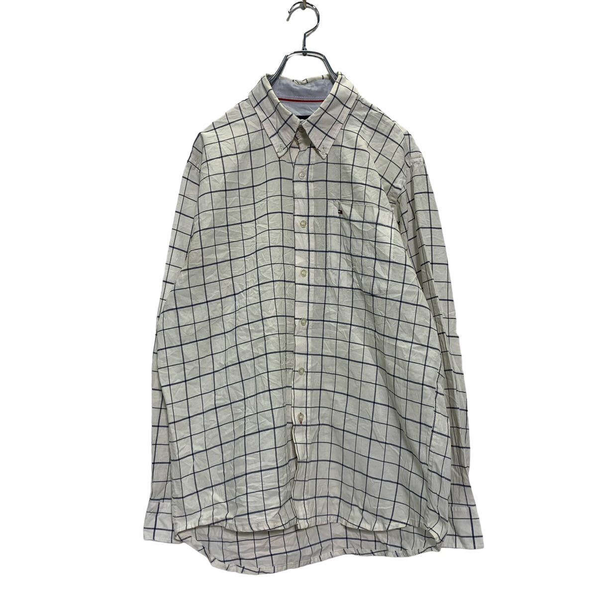 【中古】【古着】 TOMMY HILFIGER 長袖 チェックシャツ L ホワイト ネイビー トミーヒルフィガー ボタンダウン ロゴ 古着卸 アメリカ仕入 a604-6181