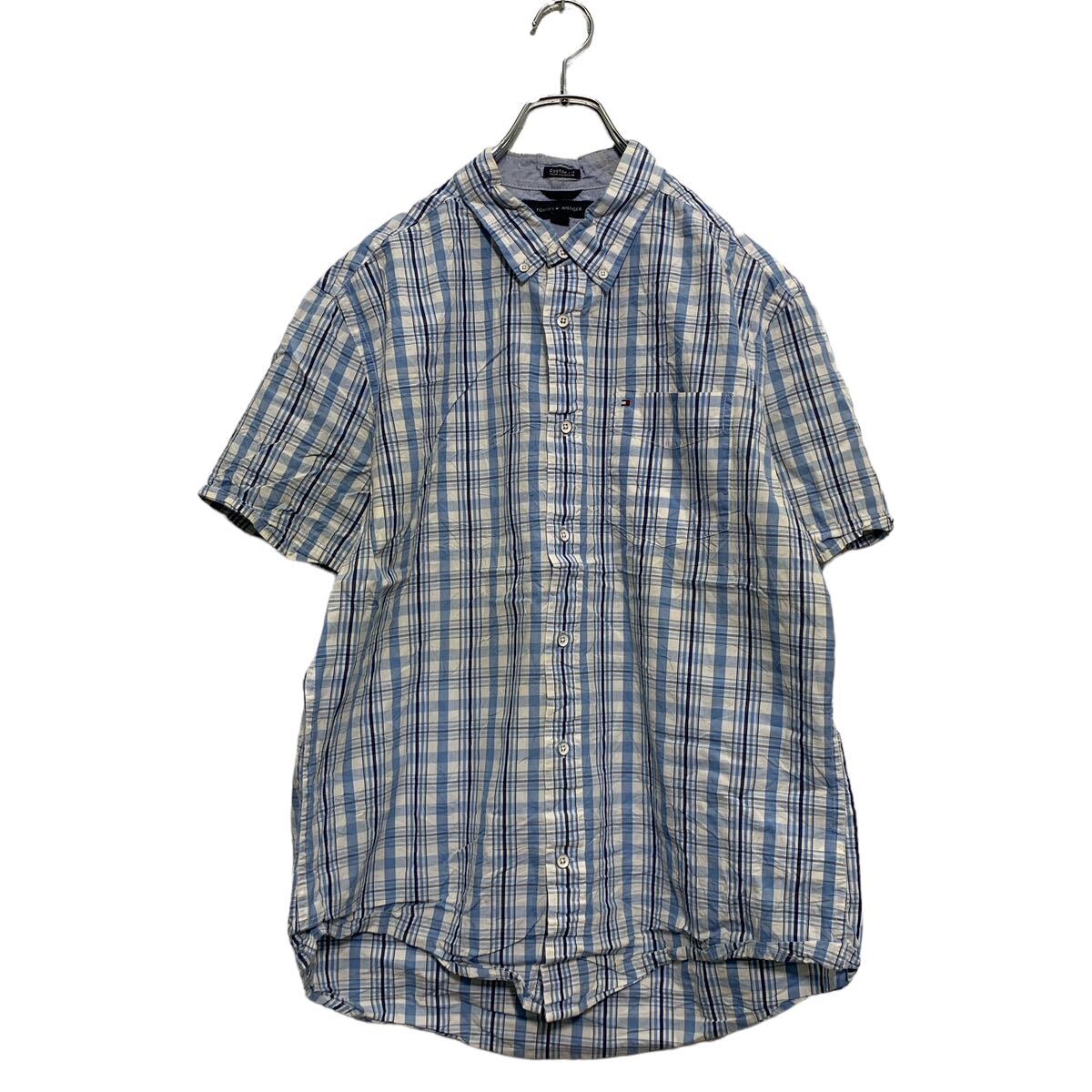 【中古】【古着】 TOMMY HILFIGER 半袖 チェックシャツ L ライトブルー ホワイト ネイビー トミーヒルフィガー ボタンダウン 古着卸 アメリカ仕入 a604-6339