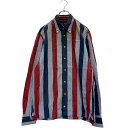 【中古】【古着】 TOMMY HILFIGER 長袖 ストライプシャツ M ライトブルー ネイビー レッド トミーヒルフィガー ボタンダウン 古着卸 アメリカ仕入 a604-6405(4)