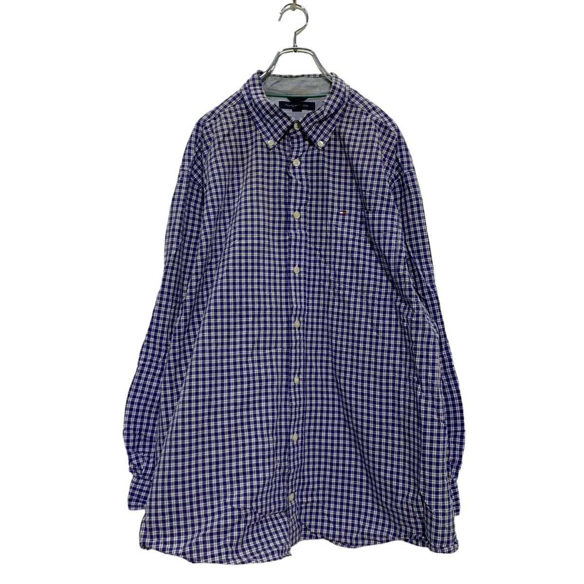 【中古】【古着】 TOMMY HILFIGER 長袖 チェックシャツ XL ブルー ホワイト トミーヒルフィガー ボタンダウン ロゴ 古着卸 アメリカ仕..