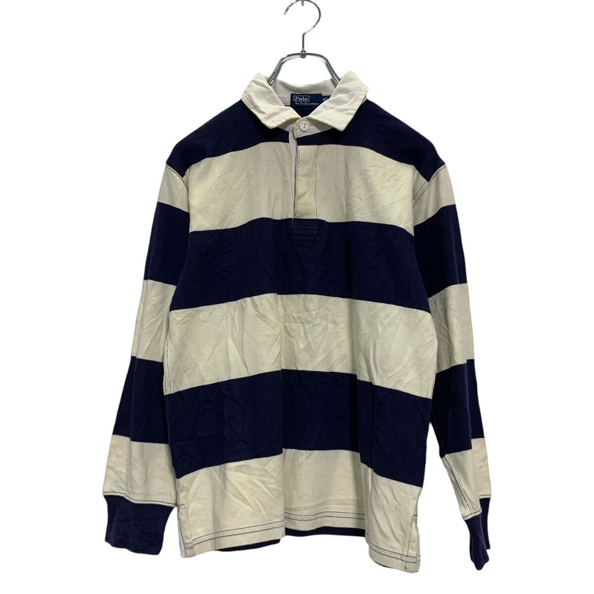 【中古】【古着】 Polo Ralph Lauren 長袖 ボーダーポロシャツ M 150～ キッズ ネイビー ホワイト ラガーシャツ 古着卸 アメリカ仕入 a604-7091