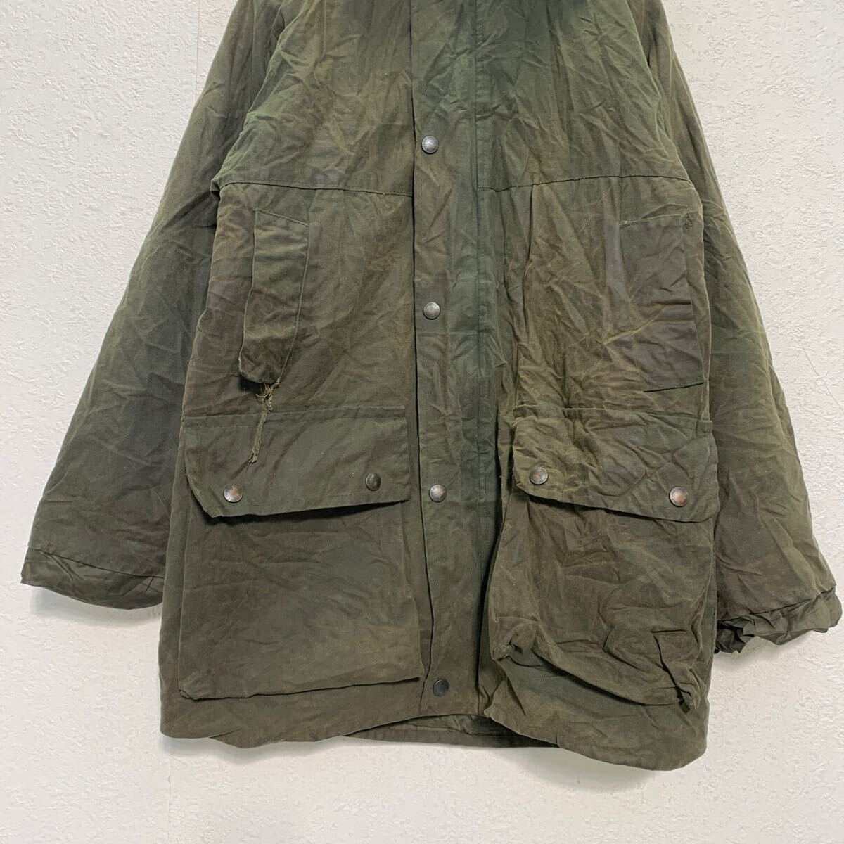 【中古】【古着】 COUNTRY STYLE オイルドジャケット 32 XS～ オリーブ イングランド製 襟コーデュロイ 裏地チェック柄 古着卸 アメリカ仕入 a604-7114