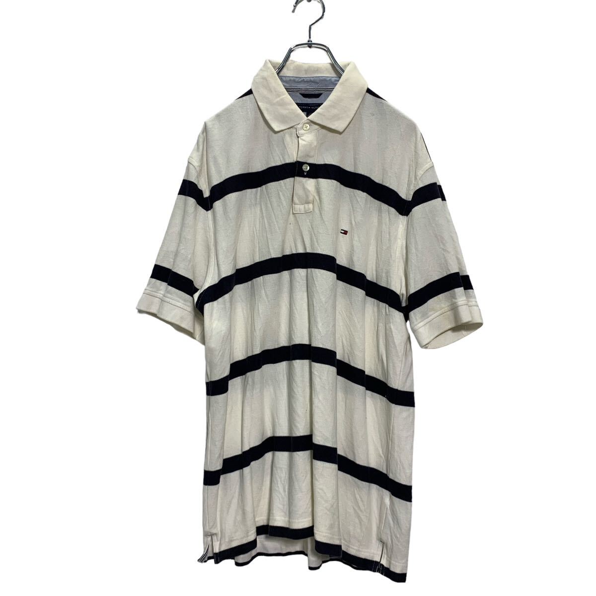【中古】【古着】 TOMMY HILFIGER 半袖 ボーダーポロシャツ L ホワイト ブラック トミーヒルフィガー ワンポイントロゴ 鹿子 古着卸 アメリカ仕入 a604-7203