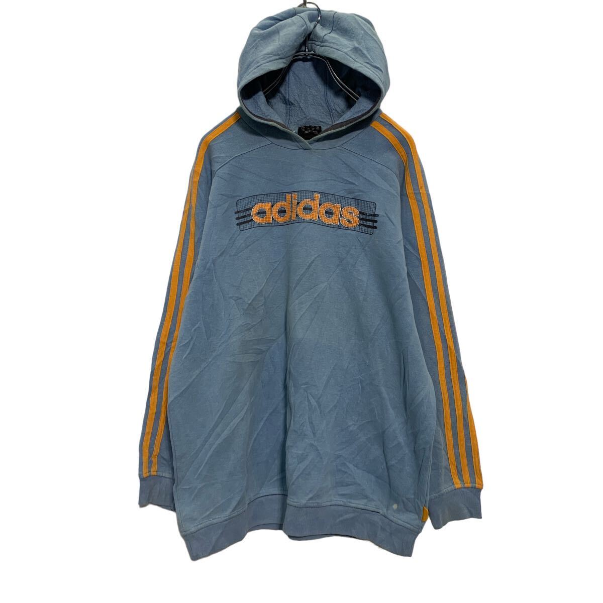 【中古】【古着】 adidas ロゴ スウェット パーカー 160 キッズ ライトブルー アディダス 裏起毛 プルオーバー 袖ライン 古着卸 アメリ..