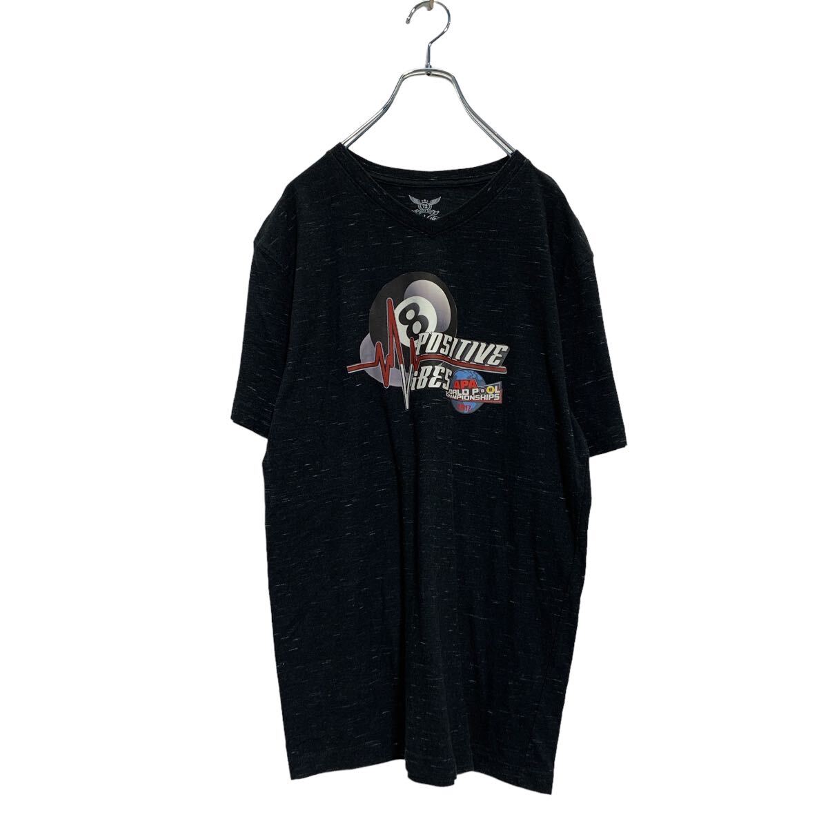 【中古】【古着】 Faded glory 半袖 プリントTシャツ M ブラック Vネック バックプリント ビリヤード 古着卸 アメリカ仕入 a605-6490