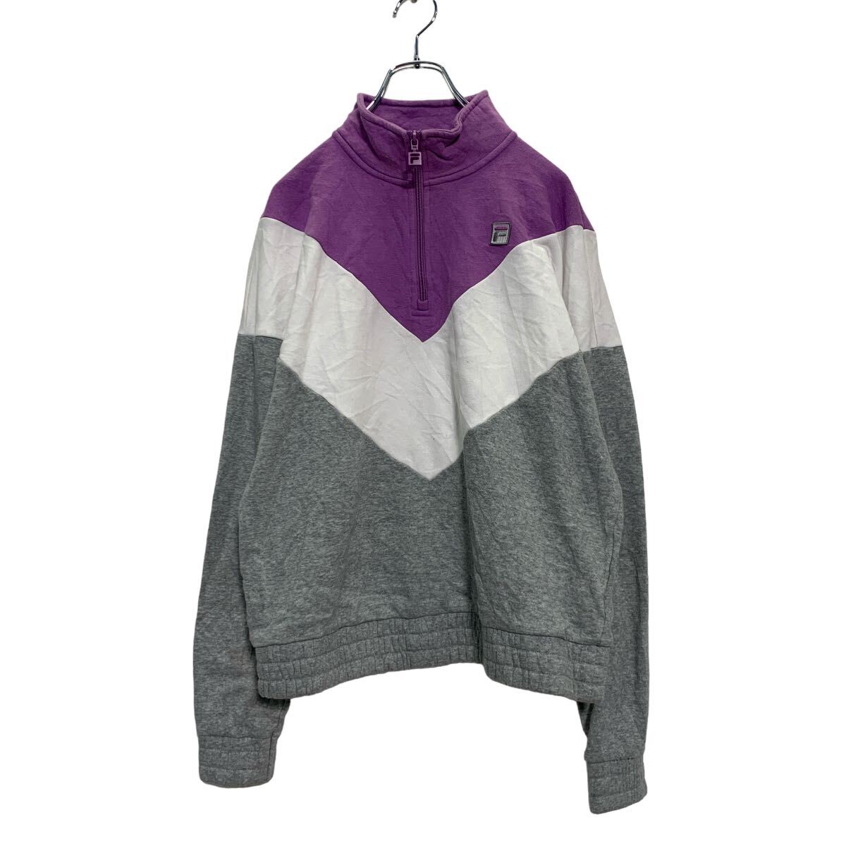 【中古】【古着】 FILA ハーフジップ ロゴスウェット トレーナー M パープル グレー フィラ 裏起毛 ワンポイントロゴ 古着卸 アメリカ仕入 a605-7192