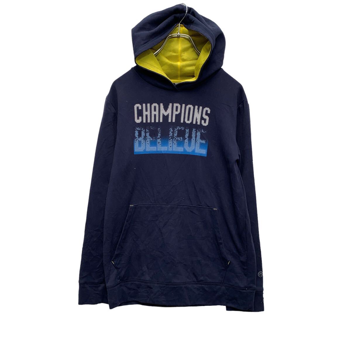 【中古】【古着】 Champion プリントスウェット パーカー L 150〜 キッズ ネイビー チャンピオン 裏フリース プルオーバー 古着卸 アメリカ仕入 ...