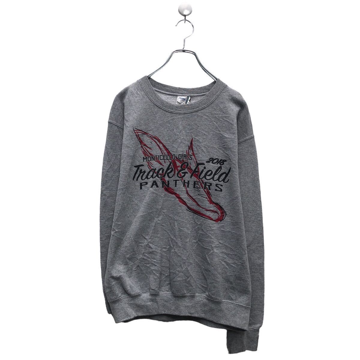 【中古】【古着】 GILDAN プリント スウェット トレーナー ギルダン S グレー バックプリント 裏起毛 古着卸 アメリカ仕入 a605-7488