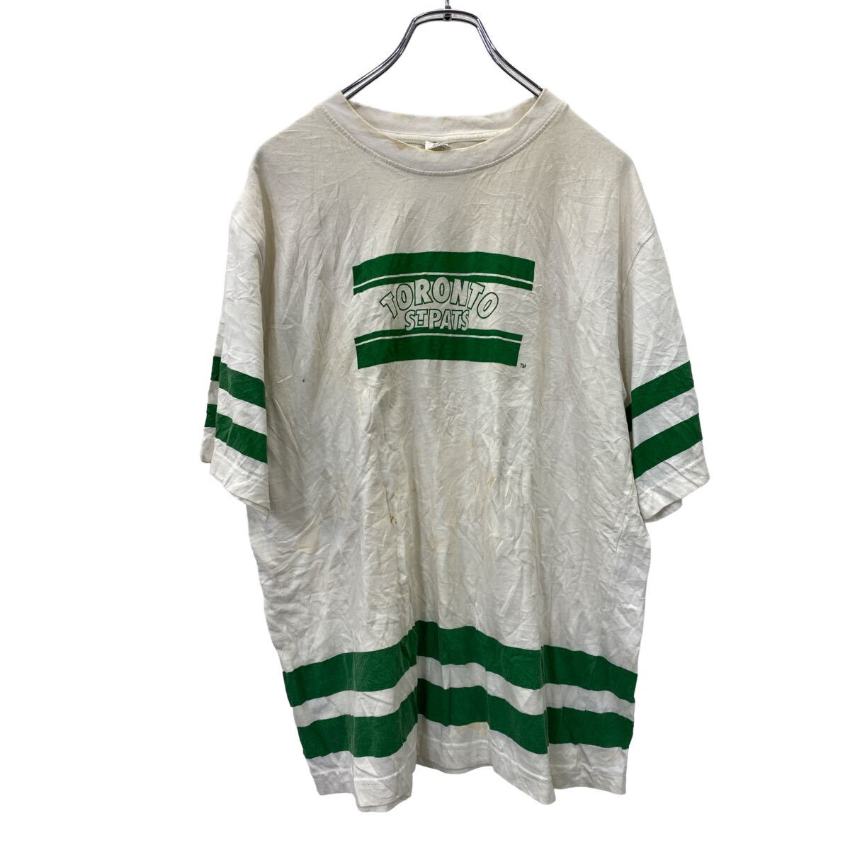 【中古】【古着】 NHL 半袖 ロゴ プリント Tシャツ バックプリント ライトベージュ グリーン コットン 古着卸 アメリカ仕入 t2405-3203