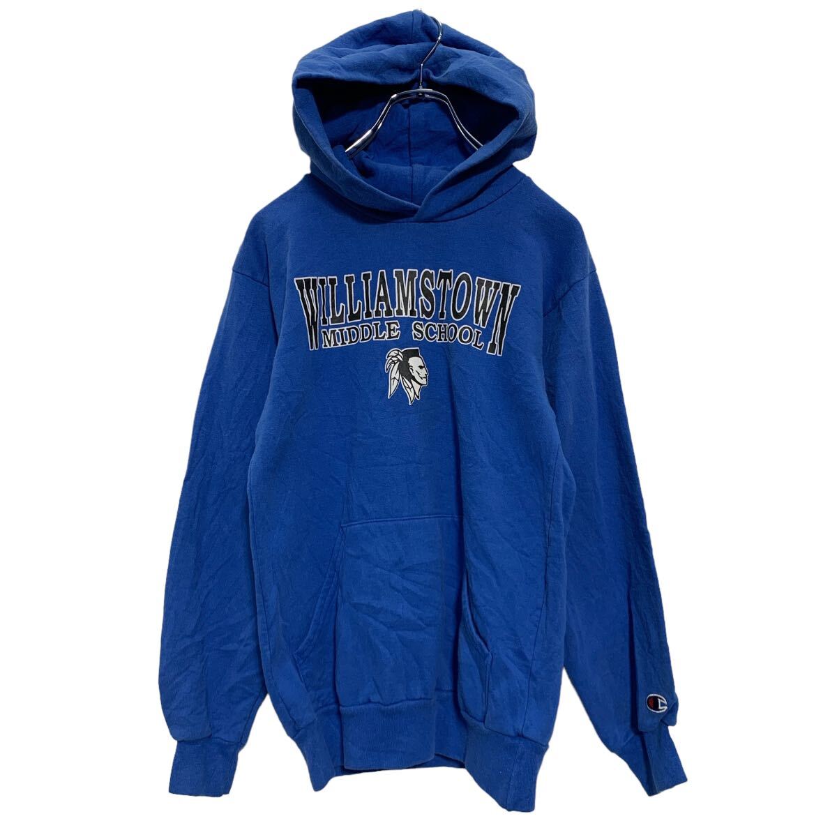 【中古】【古着】 Champion プリントスウェット パーカー L 150～ キッズ ブルー チャンピオン 裏起毛 ..